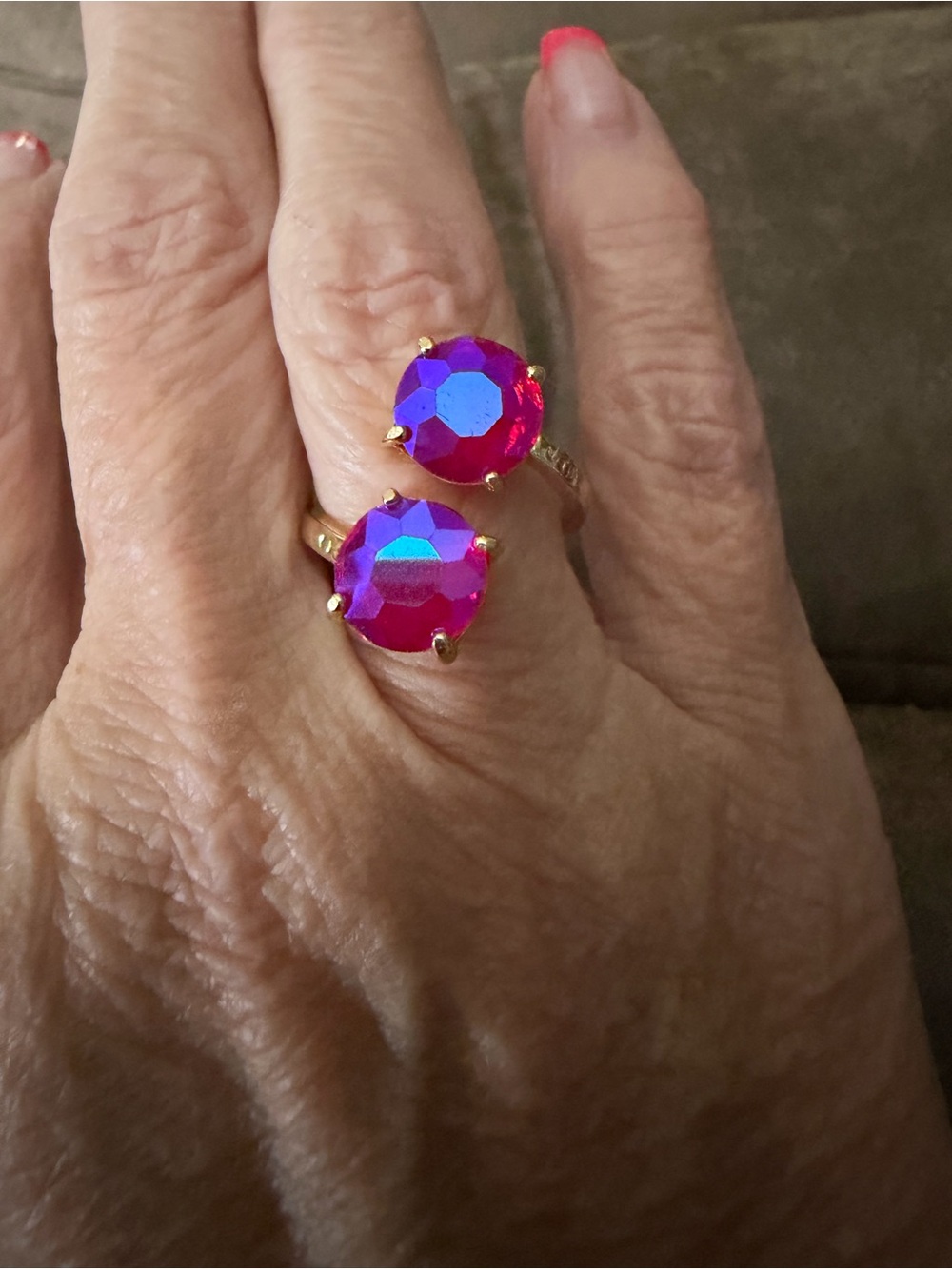 Gold Ring with Pink Iridescent Twin Stones - Women Jewelry